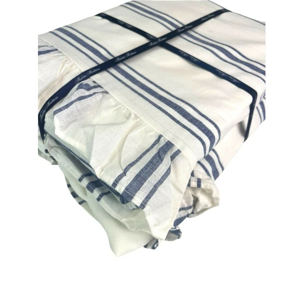 Brooks Brothers Queen Duvet Set Blue White Stripe Ruffle 100% Cotton Cottage New